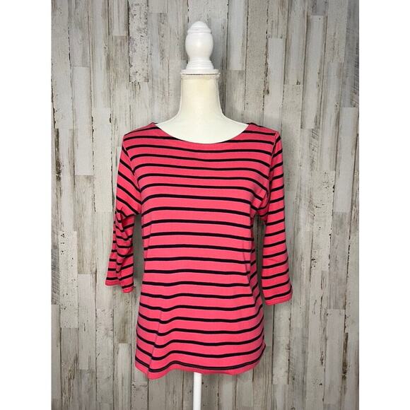 L.L. Bean Women's Medium Pink & Navy Striped 3/4 Sleeve Boat Neck Blouse - Picture 2 of 6